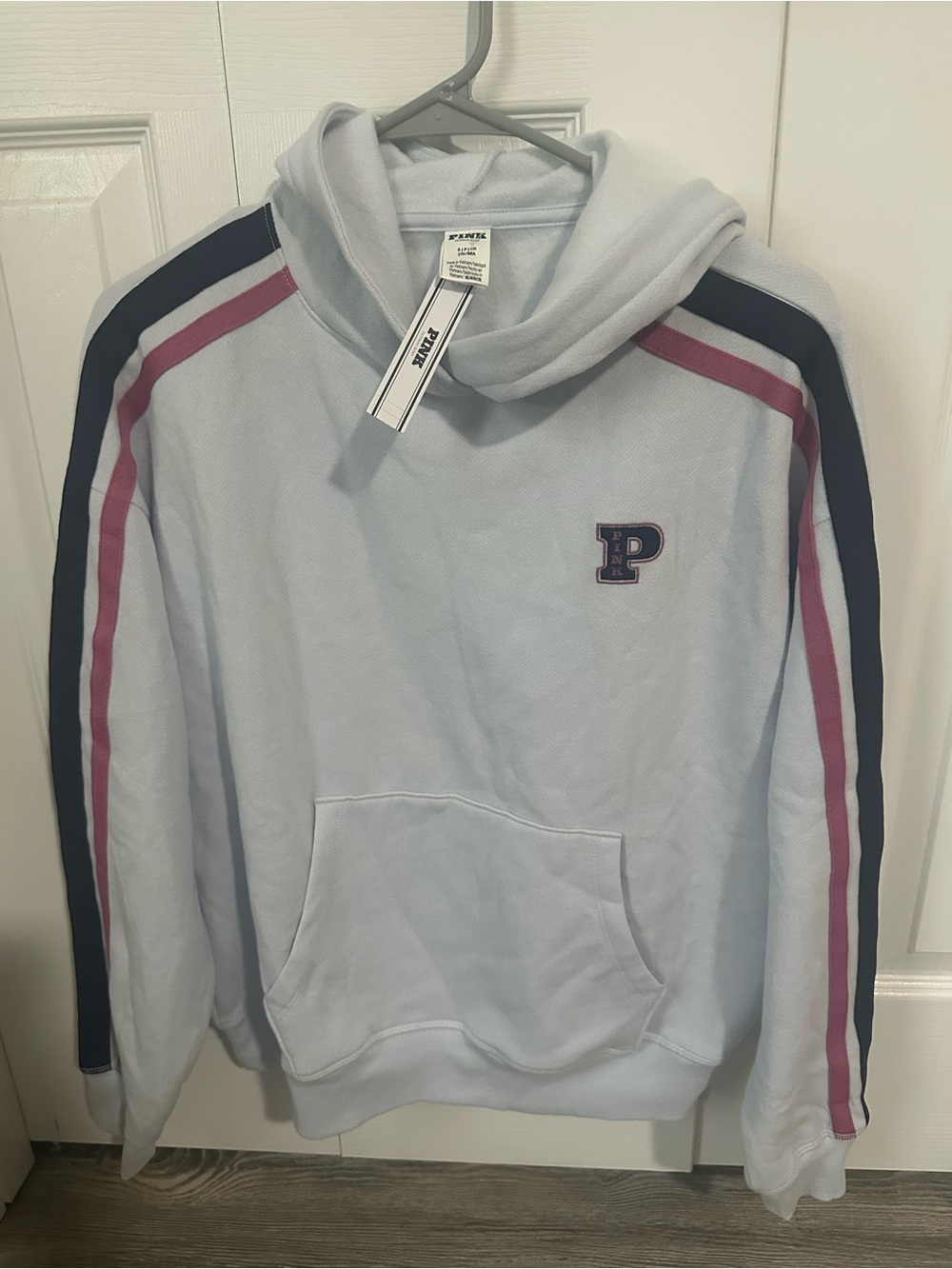 Victoria's Secret PINK Light Blue Hooded Pullover with Navy & Pink Stripes